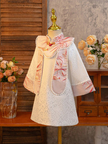 Young Girl' Chinese New Year Pink Long Sleeve Retro Cheongsam Dress With Traditional Embroidery