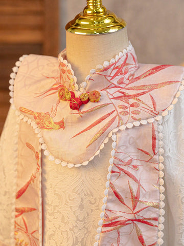 Young Girl' Chinese New Year Pink Long Sleeve Retro Cheongsam Dress With Traditional Embroidery