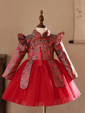 Young Girl Chinese Style Red Tulle Dress With Jacquard Ruffled Hem, Oriental Mini Dress