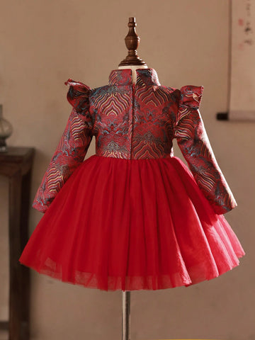 Young Girl Chinese Style Red Tulle Dress With Jacquard Ruffled Hem, Oriental Mini Dress
