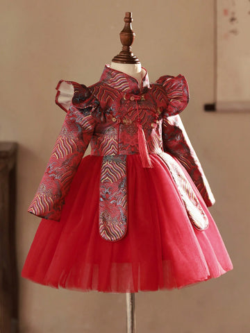 Young Girl Chinese Style Red Tulle Dress With Jacquard Ruffled Hem, Oriental Mini Dress