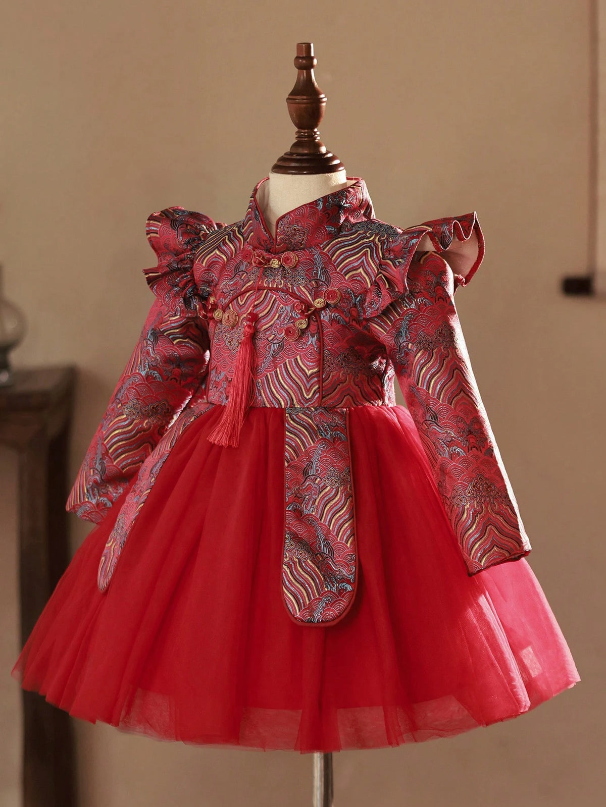 Young Girl Chinese Style Red Tulle Dress With Jacquard Ruffled Hem, Oriental Mini Dress