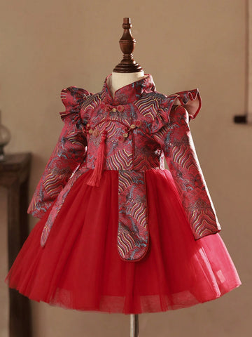 Young Girl Chinese Style Red Tulle Dress With Jacquard Ruffled Hem, Oriental Mini Dress