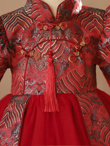 Young Girl Chinese Style Red Tulle Dress With Jacquard Ruffled Hem, Oriental Mini Dress