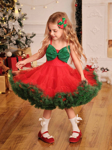 Young Girl Christmas Bow Decor Contrast Mesh Puff Skirt Dress
