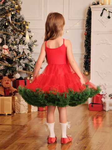 Young Girl Christmas Bow Decor Contrast Mesh Puff Skirt Dress