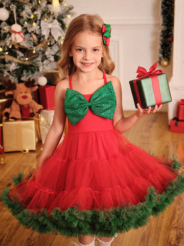 Young Girl Christmas Bow Decor Contrast Mesh Puff Skirt Dress