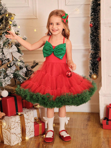 Young Girl Christmas Bow Decor Contrast Mesh Puff Skirt Dress