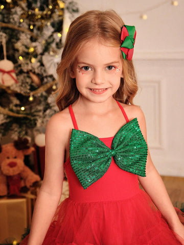 Young Girl Christmas Bow Decor Contrast Mesh Puff Skirt Dress