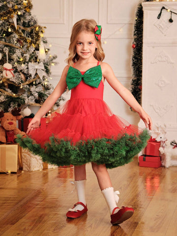 Young Girl Christmas Bow Decor Contrast Mesh Puff Skirt Dress