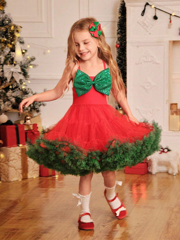 Young Girl Christmas Bow Decor Contrast Mesh Puff Skirt Dress