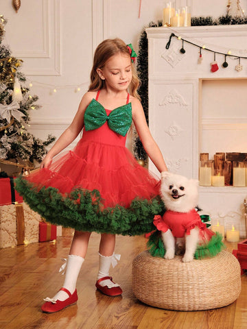 Young Girl Christmas Bow Decor Contrast Mesh Puff Skirt Dress