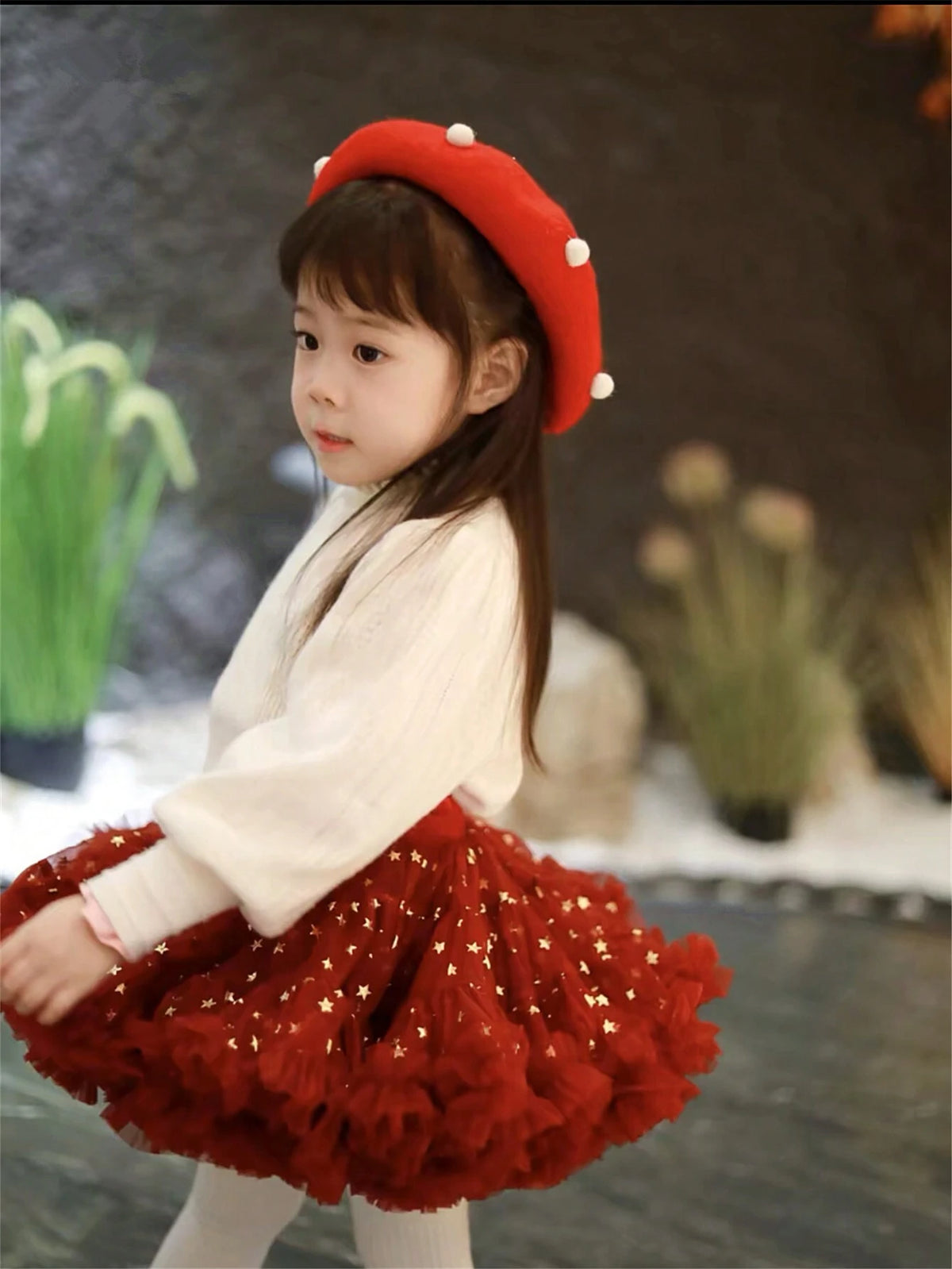 Young Girl Christmas Burgundy TUTU Skirt Full Mesh Wide Waist Ballet Cute Princess Cake Puffy Skirt Birthday Gift