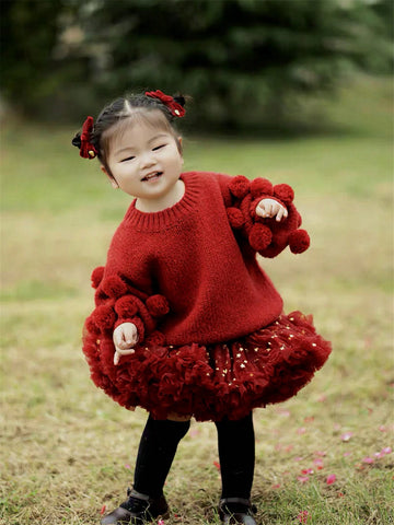 Young Girl Christmas Burgundy TUTU Skirt Full Mesh Wide Waist Ballet Cute Princess Cake Puffy Skirt Birthday Gift