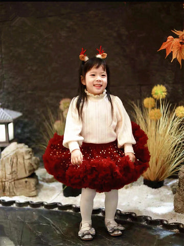 Young Girl Christmas Burgundy TUTU Skirt Full Mesh Wide Waist Ballet Cute Princess Cake Puffy Skirt Birthday Gift