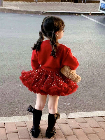 Young Girl Christmas Burgundy TUTU Skirt Full Mesh Wide Waist Ballet Cute Princess Cake Puffy Skirt Birthday Gift