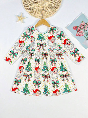 Young Girl Christmas Cartoon Bowknot Digital Print Long Sleeve Casual Dress