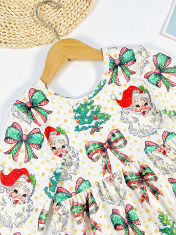 Young Girl Christmas Cartoon Bowknot Digital Print Long Sleeve Casual Dress