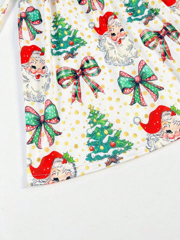 Young Girl Christmas Cartoon Bowknot Digital Print Long Sleeve Casual Dress