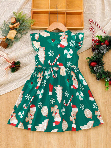 Young Girl Christmas Cartoon Print Cap Sleeve Dress