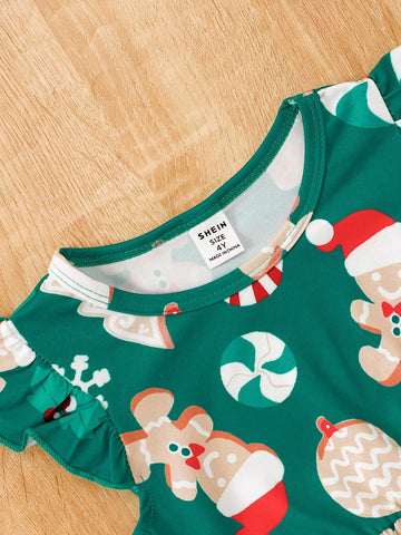 Young Girl Christmas Cartoon Print Cap Sleeve Dress