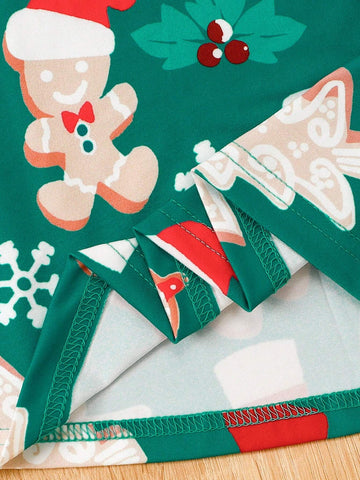 Young Girl Christmas Cartoon Print Cap Sleeve Dress