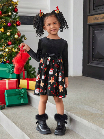 Young Girl Christmas Casual Knit Patchwork Ditsy Floral Long Sleeve Dress