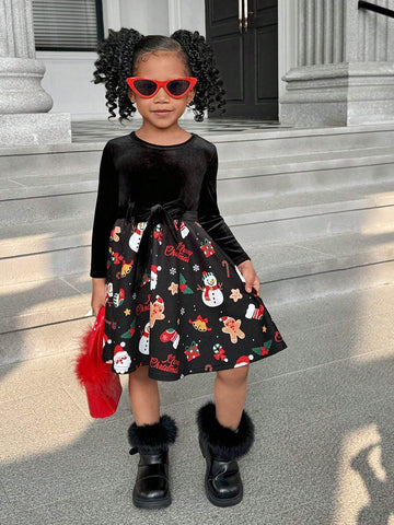 Young Girl Christmas Casual Knit Patchwork Ditsy Floral Long Sleeve Dress