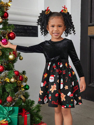 Young Girl Christmas Casual Knit Patchwork Ditsy Floral Long Sleeve Dress