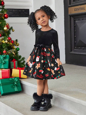 Young Girl Christmas Casual Knit Patchwork Ditsy Floral Long Sleeve Dress