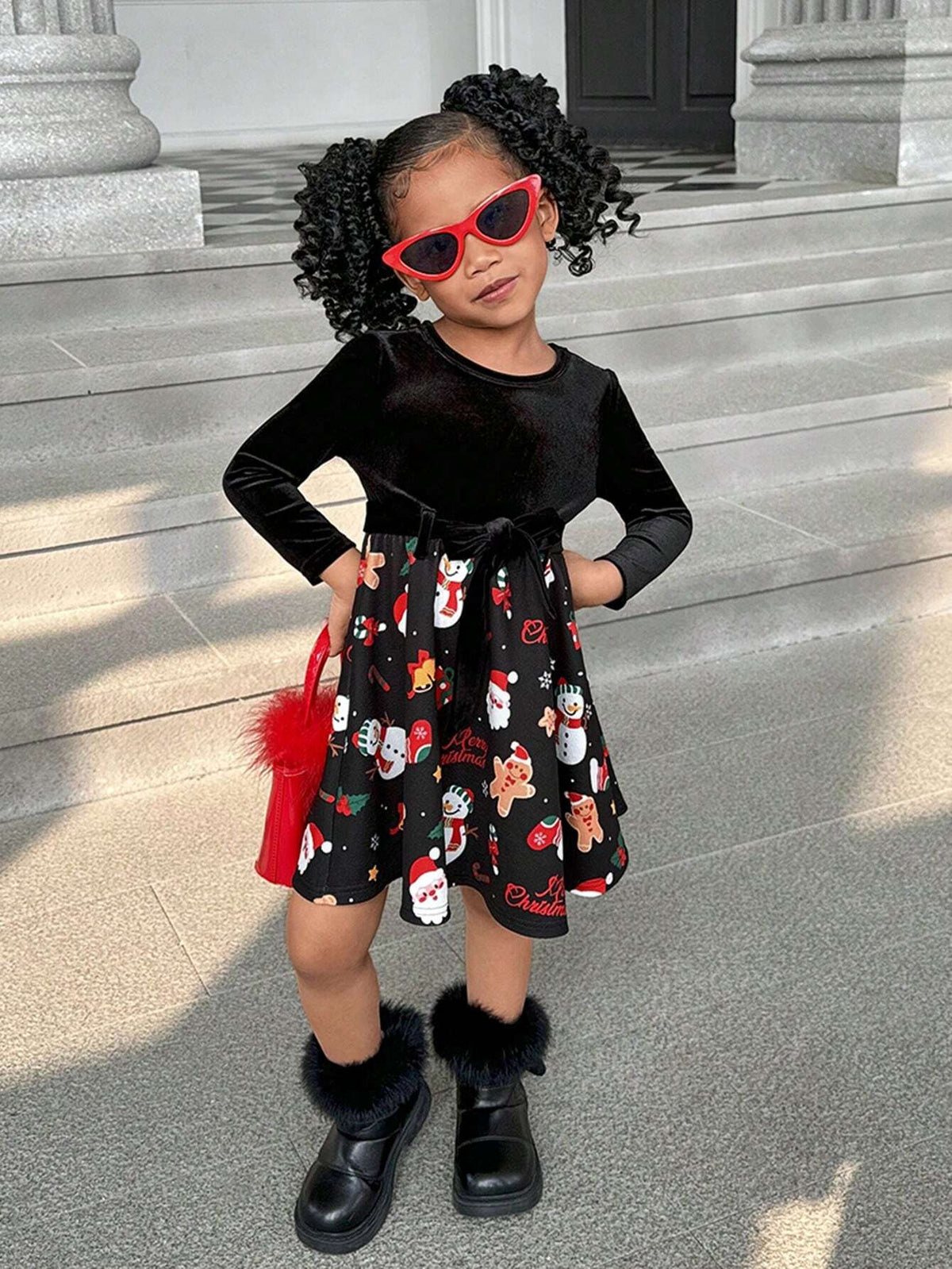 Young Girl Christmas Casual Knit Patchwork Ditsy Floral Long Sleeve Dress