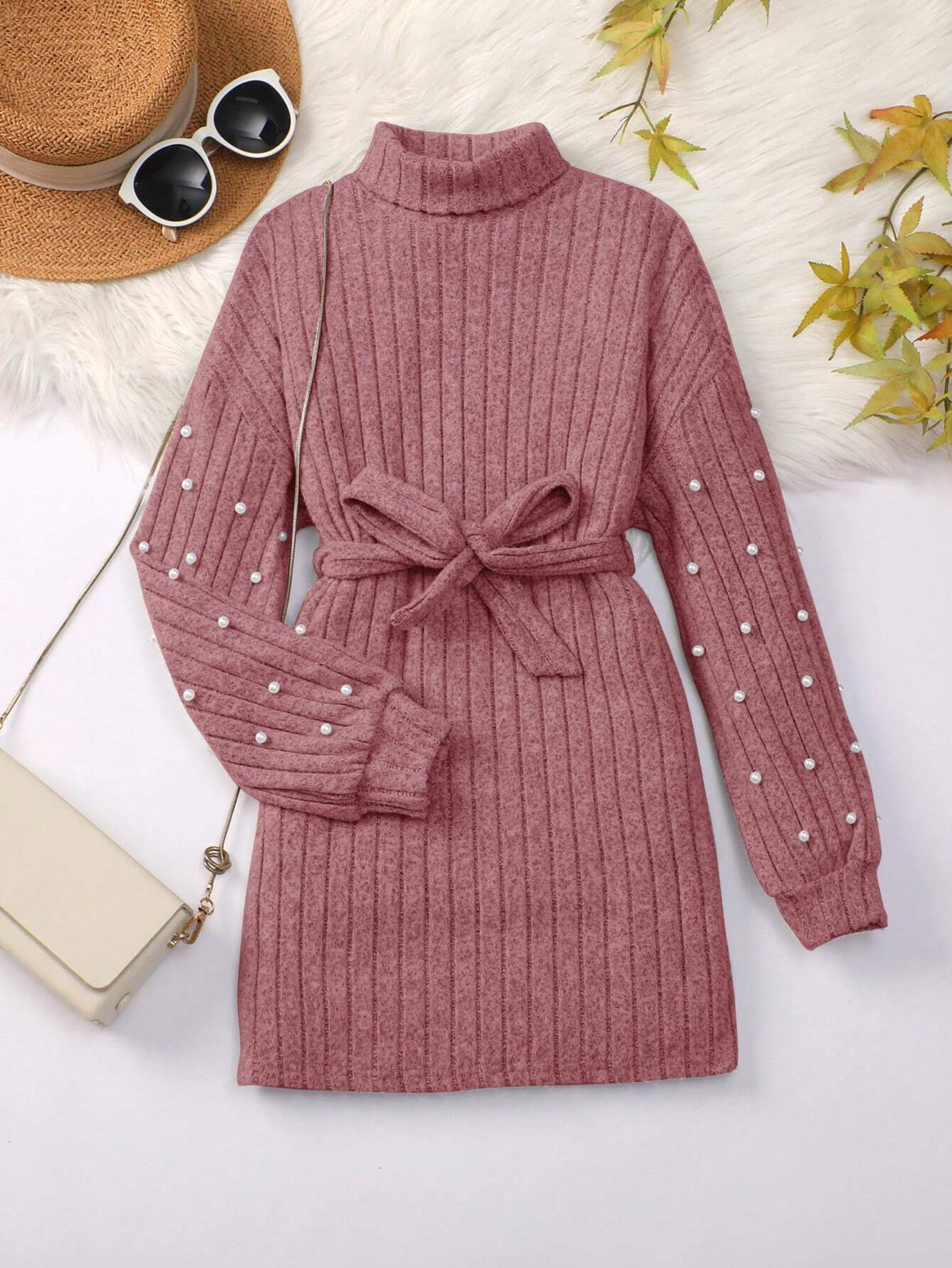 Young Girl Christmas Casual Knitted High Collar Cinched Waist Beaded Dress