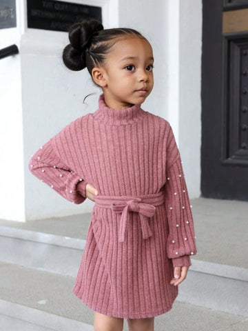 Young Girl Christmas Casual Knitted High Collar Cinched Waist Beaded Dress