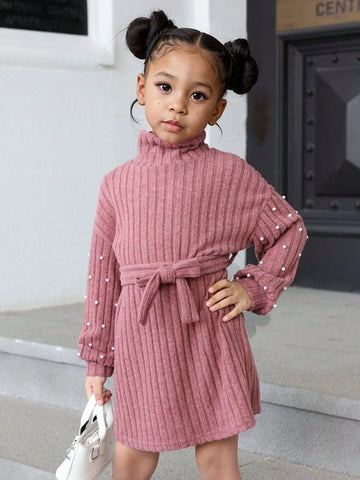 Young Girl Christmas Casual Knitted High Collar Cinched Waist Beaded Dress