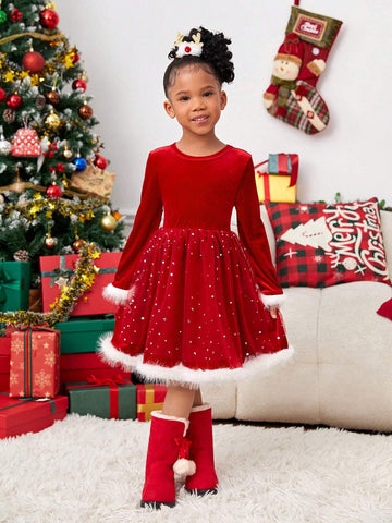 Young Girl Christmas Cute Splicing Furry Long Sleeve Mesh Dress