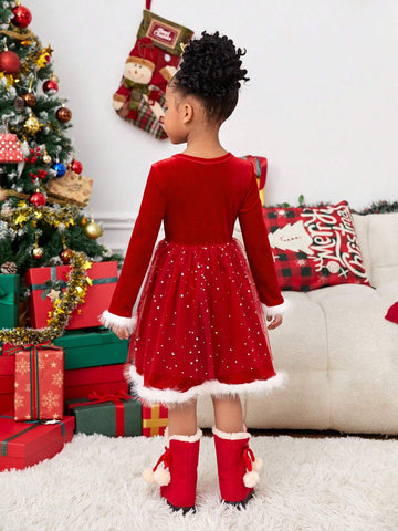 Young Girl Christmas Cute Splicing Furry Long Sleeve Mesh Dress