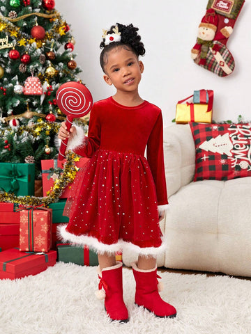 Young Girl Christmas Cute Splicing Furry Long Sleeve Mesh Dress