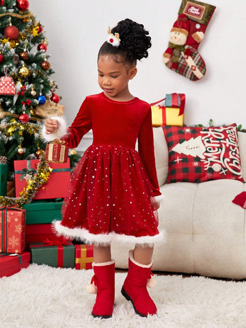 Young Girl Christmas Cute Splicing Furry Long Sleeve Mesh Dress