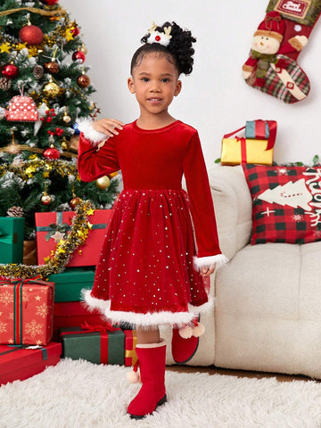 Young Girl Christmas Cute Splicing Furry Long Sleeve Mesh Dress