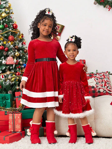 Young Girl Christmas Cute Splicing Furry Long Sleeve Mesh Dress