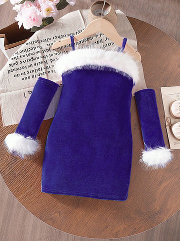 Young Girl' Christmas Design Strap Dress, Comfortable & Fashionable, Suitable For Outdoor Wear In Autumn/Winter
