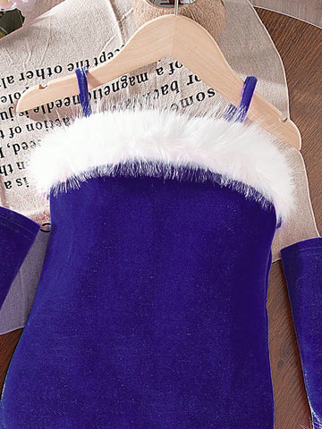 Young Girl' Christmas Design Strap Dress, Comfortable & Fashionable, Suitable For Outdoor Wear In Autumn/Winter