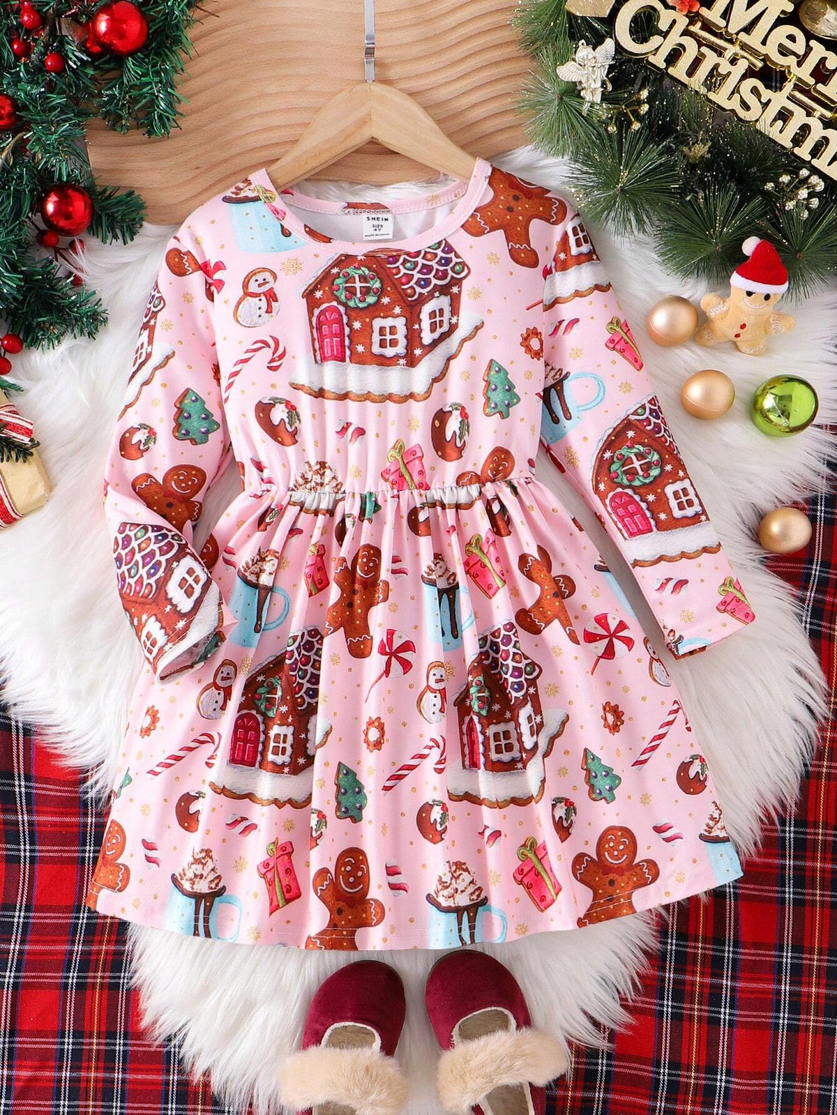 Young Girl Christmas Dress Cute Gingerbread Man, Candy House, Christmas Gift Print Waist Dress For Girls, Christmas Outfit