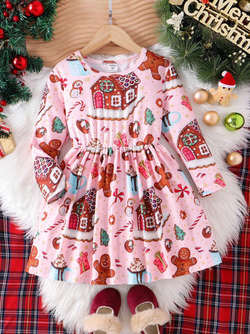Young Girl Christmas Dress Cute Gingerbread Man, Candy House, Christmas Gift Print Waist Dress For Girls, Christmas Outfit
