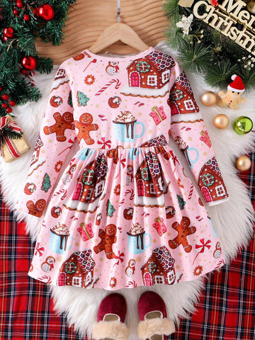 Young Girl Christmas Dress Cute Gingerbread Man, Candy House, Christmas Gift Print Waist Dress For Girls, Christmas Outfit
