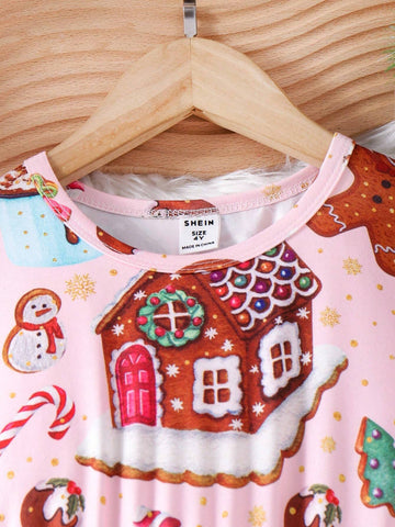 Young Girl Christmas Dress Cute Gingerbread Man, Candy House, Christmas Gift Print Waist Dress For Girls, Christmas Outfit