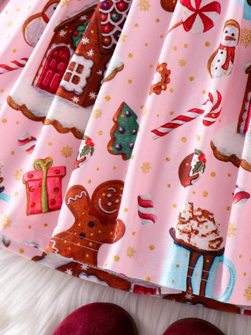 Young Girl Christmas Dress Cute Gingerbread Man, Candy House, Christmas Gift Print Waist Dress For Girls, Christmas Outfit