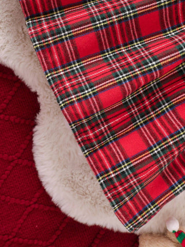 Young Girl Christmas Element Patchwork Red Plaid Bow Decor Long Sleeve Dress With Beret Hat, Autumn/Winter