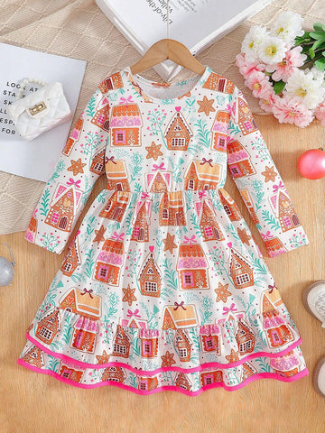 Young Girl Christmas Gingerbread & Snowy House Sweet Print Dress