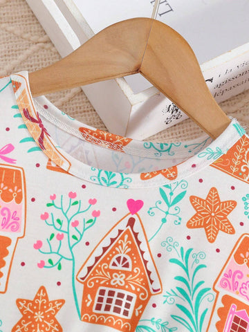 Young Girl Christmas Gingerbread & Snowy House Sweet Print Dress